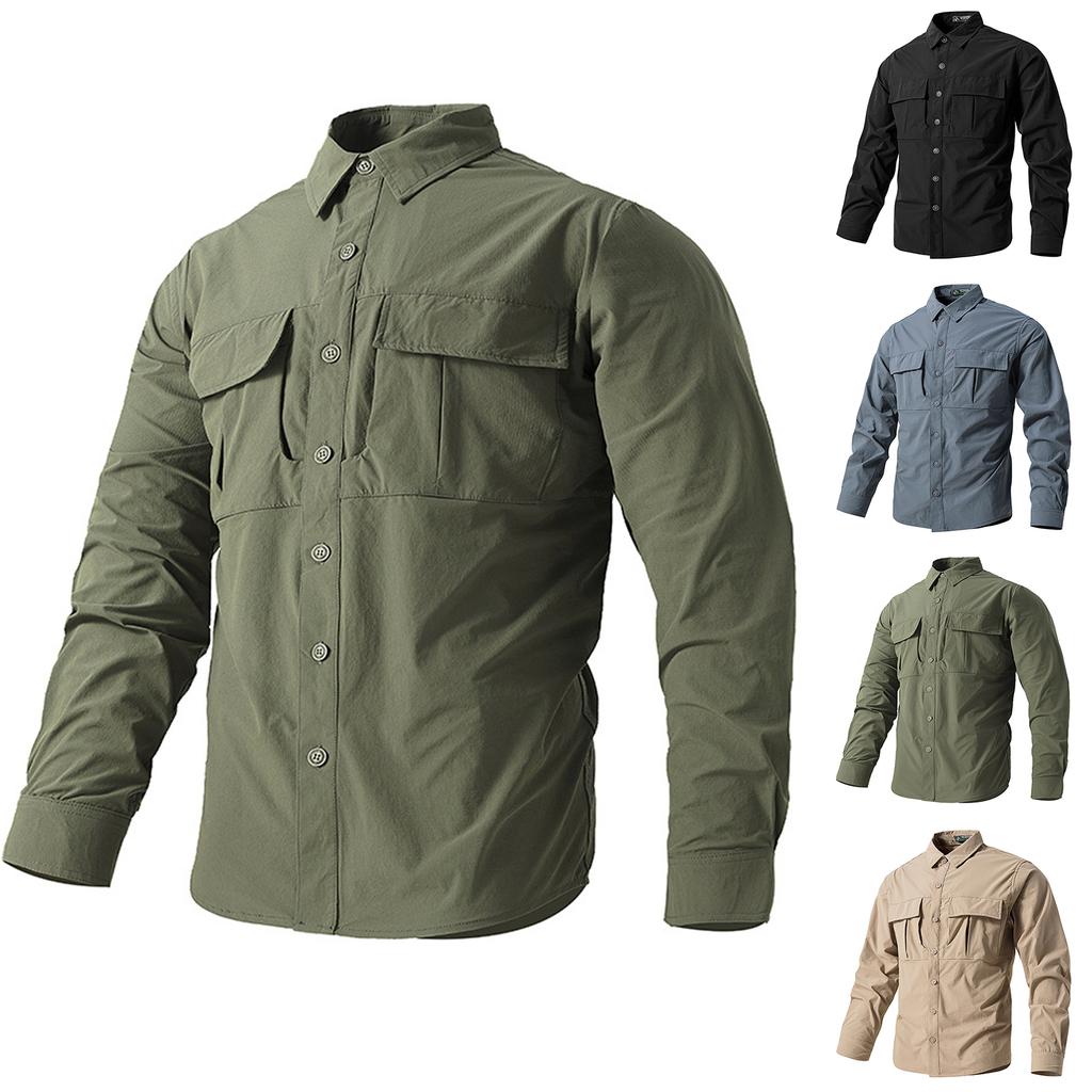 Men's Long Sleeve  Shirt Multi Pockets Casual Breathable Work Fishing Clothes Outdoor Sports Dry Hiking Shirt