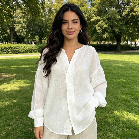 Women Tops V Neck Long Sleeve Pure Color Mid-length Pullover Tops with Asymmetrical Slit Curved Hem Loose Fit Versatile Casual Shirt