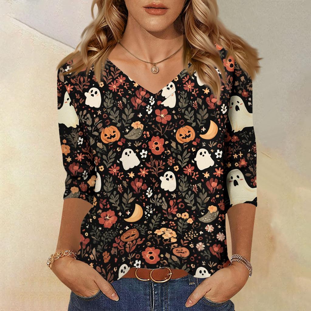Women's Fashion Casual Halloween Print V Neck Three Quarter Sleeve Top Lightweight Comfortable Fit Stylish Design