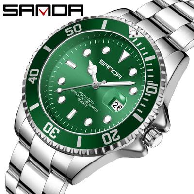 SANDA New Steel Belt Calendar Men's Quartz Watch Simple Personality Green Water Ghost Men's Watch
