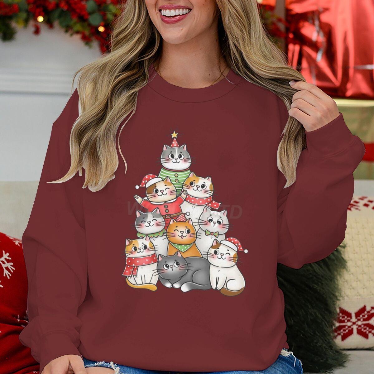 

Women Cat Kawaii Cartoon Sweatshirt Merry Christmas Cute Animal Pullovers Long Sleeves Meowy Christmas Cartoon Hooded Shirt XL