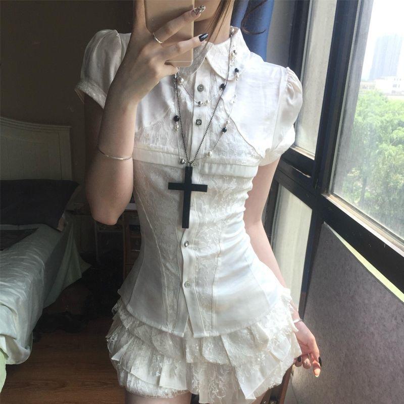 VAYLA Y2k Vintage Satin Lace Slim 2 Piece Set Women Chic Short Sleeve Shirt + Puffy Low Rise Bud Culottes Aesthetic Grunge Sexy Outfit