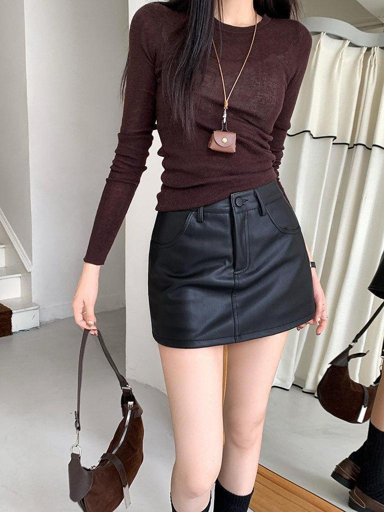 Women's High Waist A-Line PU Leather Skirt - Sexy Autumn/Winter Short Skirt with Hip Wrap Design