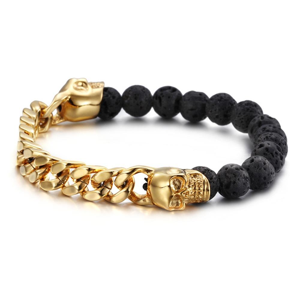 Jewelry Stainless Steel Skull Buddha Bead Volcanic Stone Beaded Bracelet