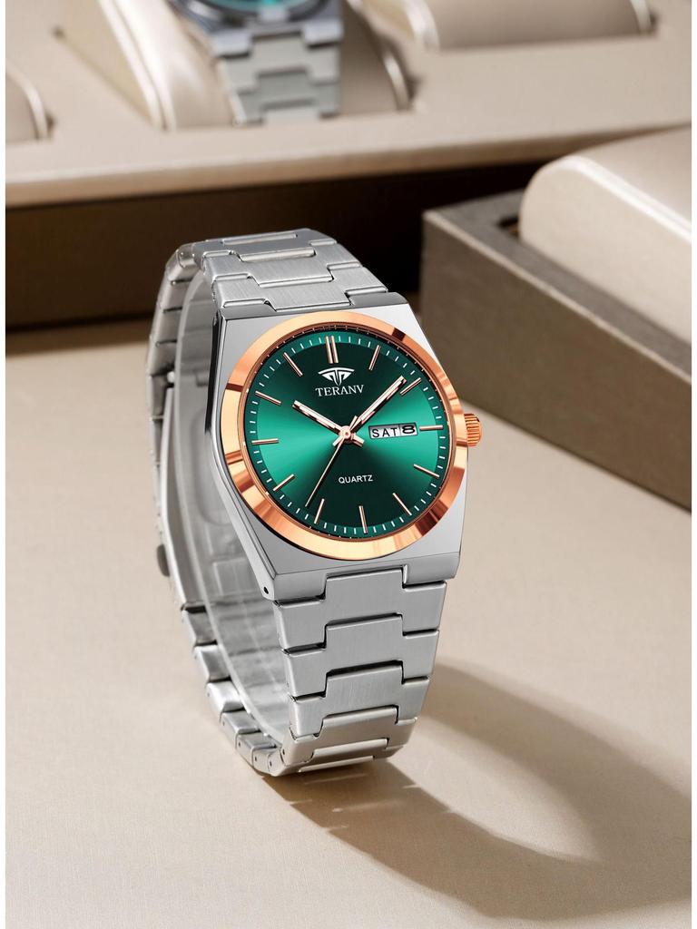 Men's Ultra-Thin Luminous Quartz Watch with Steel Band and Double Calendar, Waterproof.