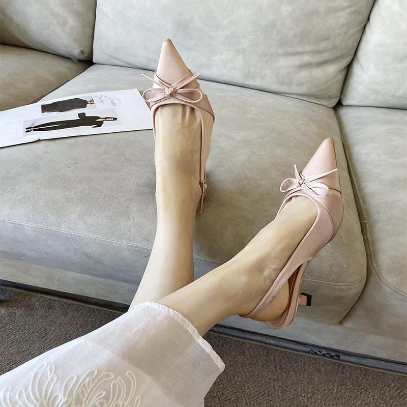 Bow pointed head empty word bag head sandals 2025 women's fashion new summer temperament versatile high heels