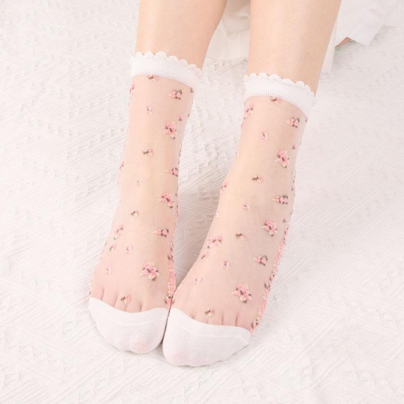 2 Paar Damen-Sommersocken mit Blumenmuster, dünn, transparent, elastisch, atmungsaktiv