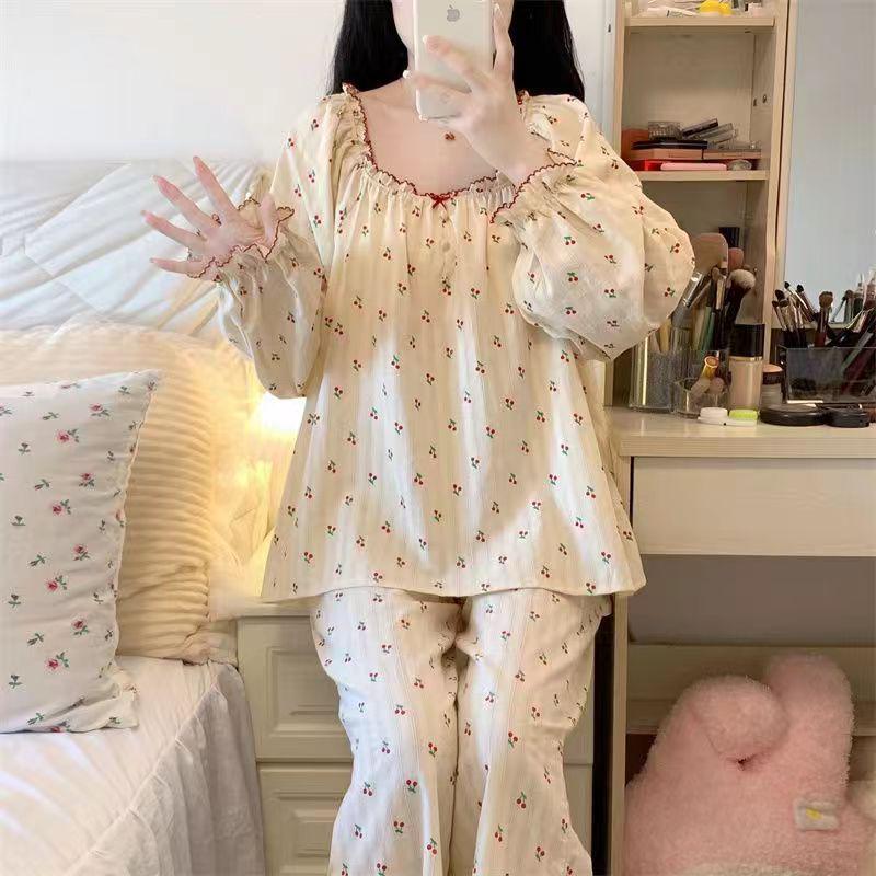 Niedliches Prinzessinnen-Pyjama-Set im koreanischen Stil: Kurzärmeliges Oberteil & Langärmelige Hose für Damen