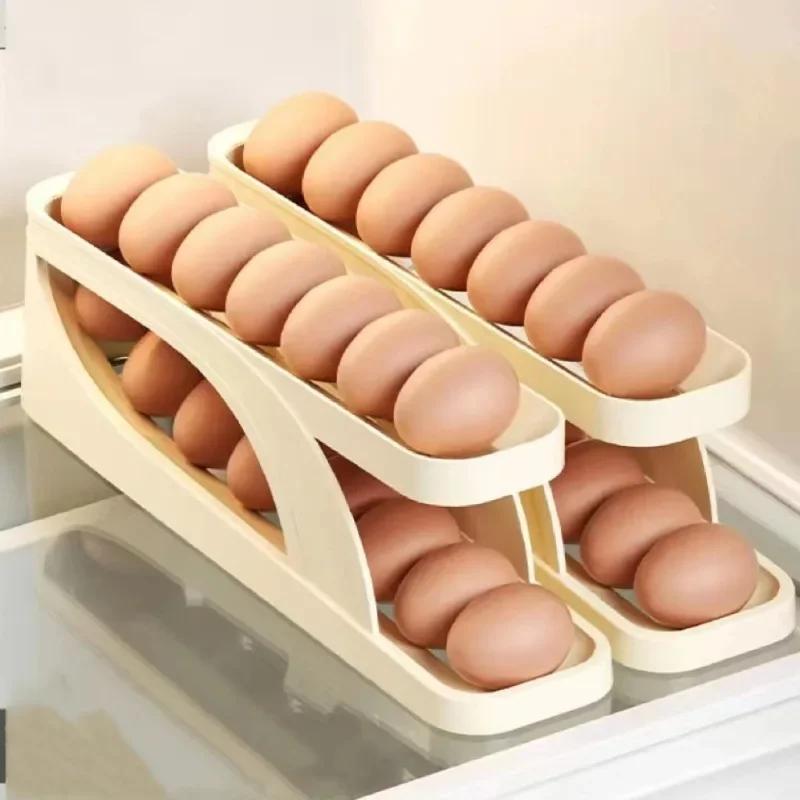 Slide Style Egg Box Side Door of Refrigerator Double Layer Automatic Egg Rolling Kitchen Storage Anti Drop Helps Keep Fresh
