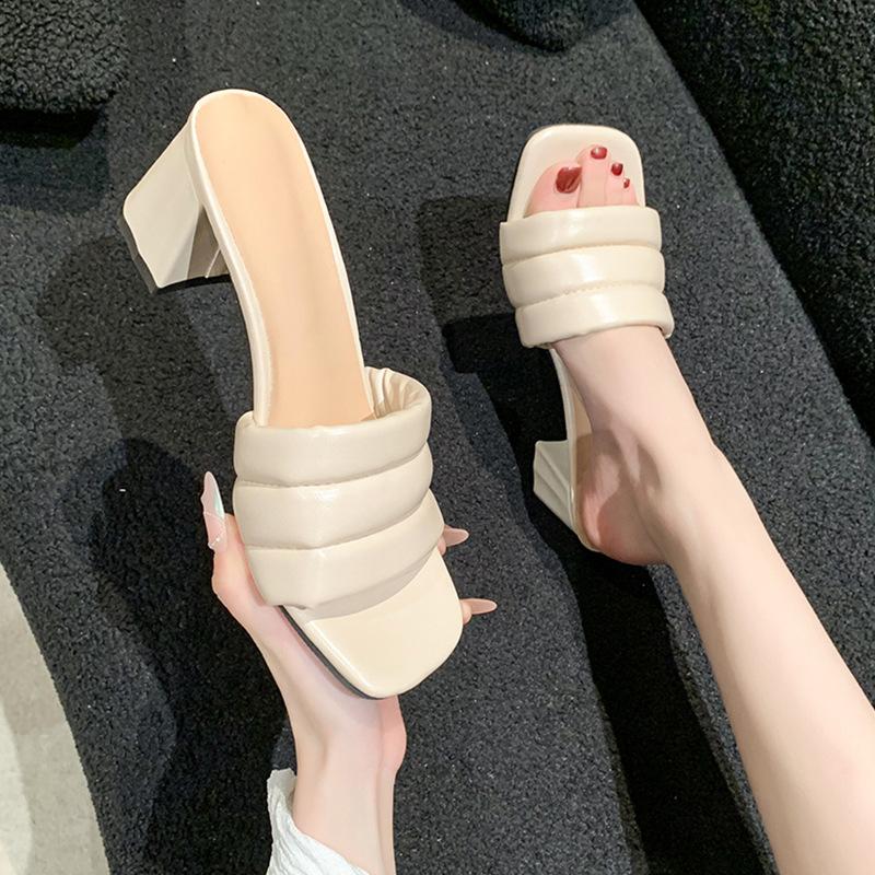 New thick heel one-word slippers women's summer wear fashion square head open-toed temperament with skirt high-heeled sandals