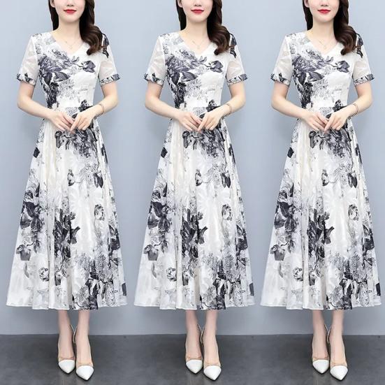 Women's Summer Flowy Chiffon Maxi Dress Casual Short Sleeve V Neck Long Dress Boho Floral Beach Sundress