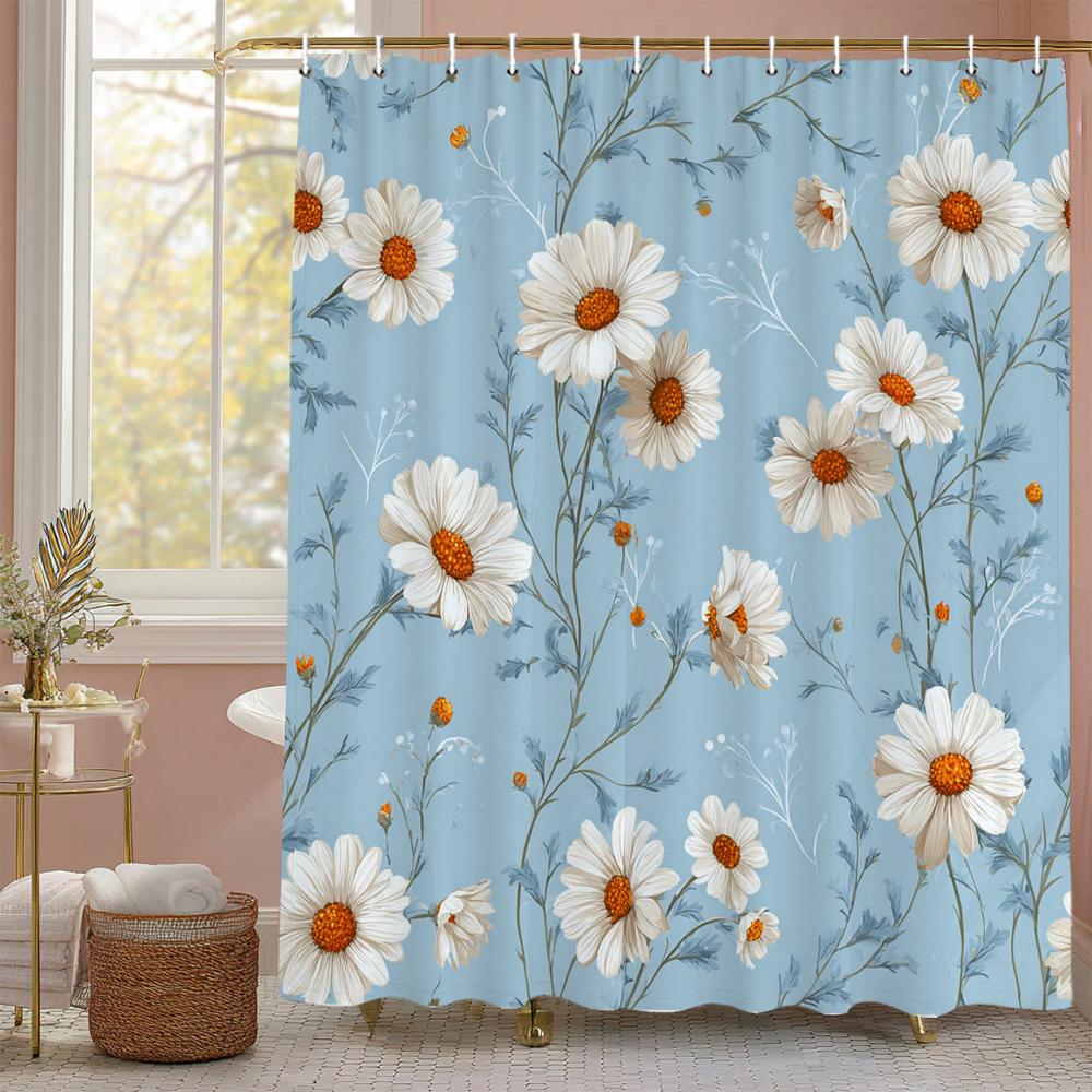 White Daisy Flowers Shower Curtain, Floral Art Bathroom Decorative Shower Curtain, Printed Polyester Fabric Curtain with Hooks