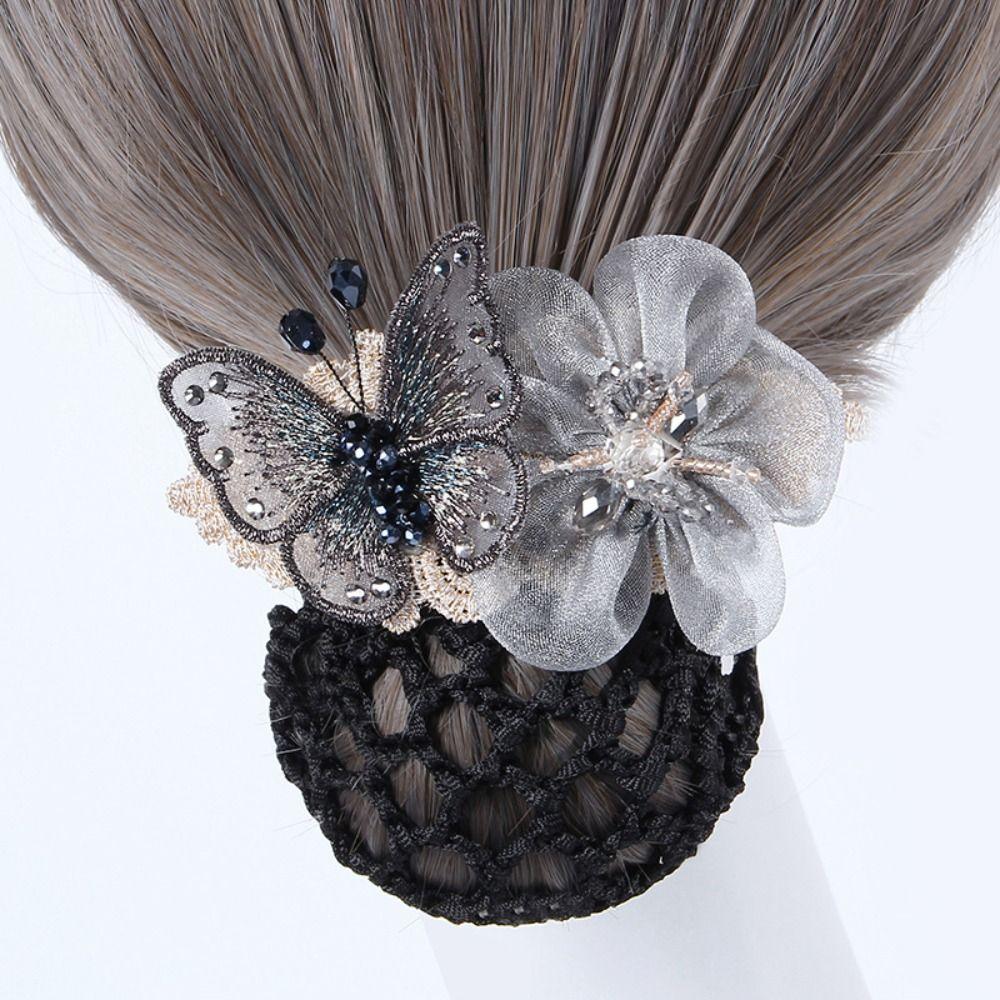 Butterfly Flower Elastic Hair Net Rhinestone Beads Decor Hair Bun Holder  Hotel Staff Uniform
