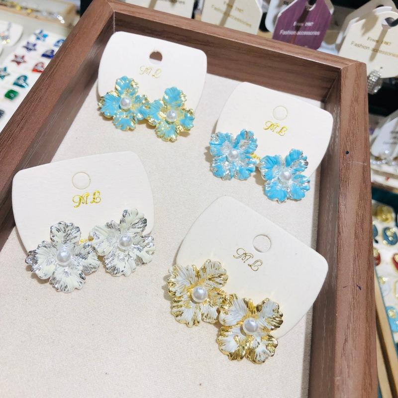 Vintage Enamel Four Le Flower Frewater Genuine Pearl Stud Earrings Needle Retro Court Sle Jewelry