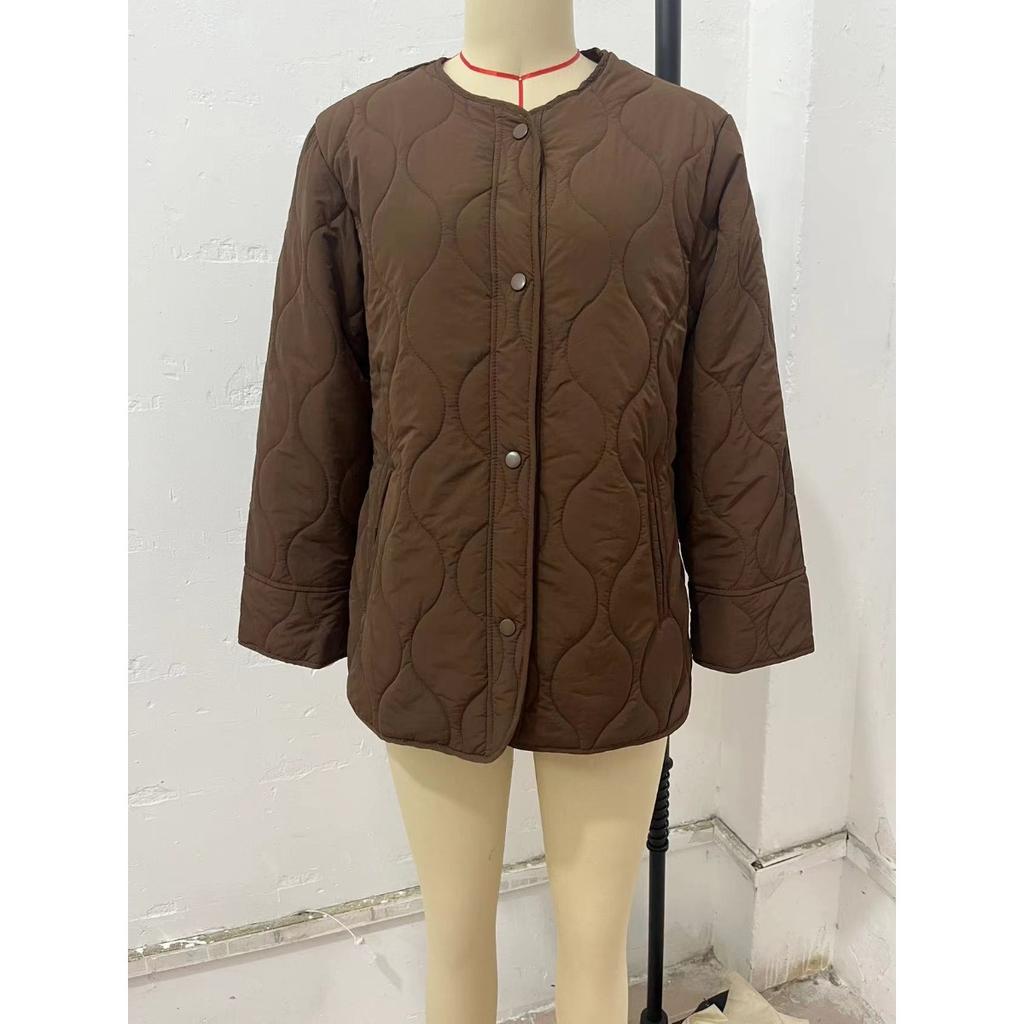 2025 Autumn Winter New European American Style Quilted Simple Solid Color Round Neck Loose Cotton Coat Outerwear