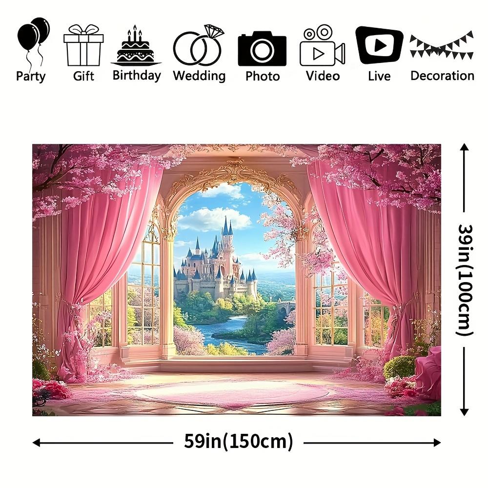 1 banner supradimensionat Castelu de Vis cu Trandafiri Roz de Primăvară - fundal hipnotizant din poliester cu flori de cireș și castel maiestuos