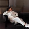 2026 Womens Fashion Casual Set Color Block Zip Up Cardigan Pants Two Piece