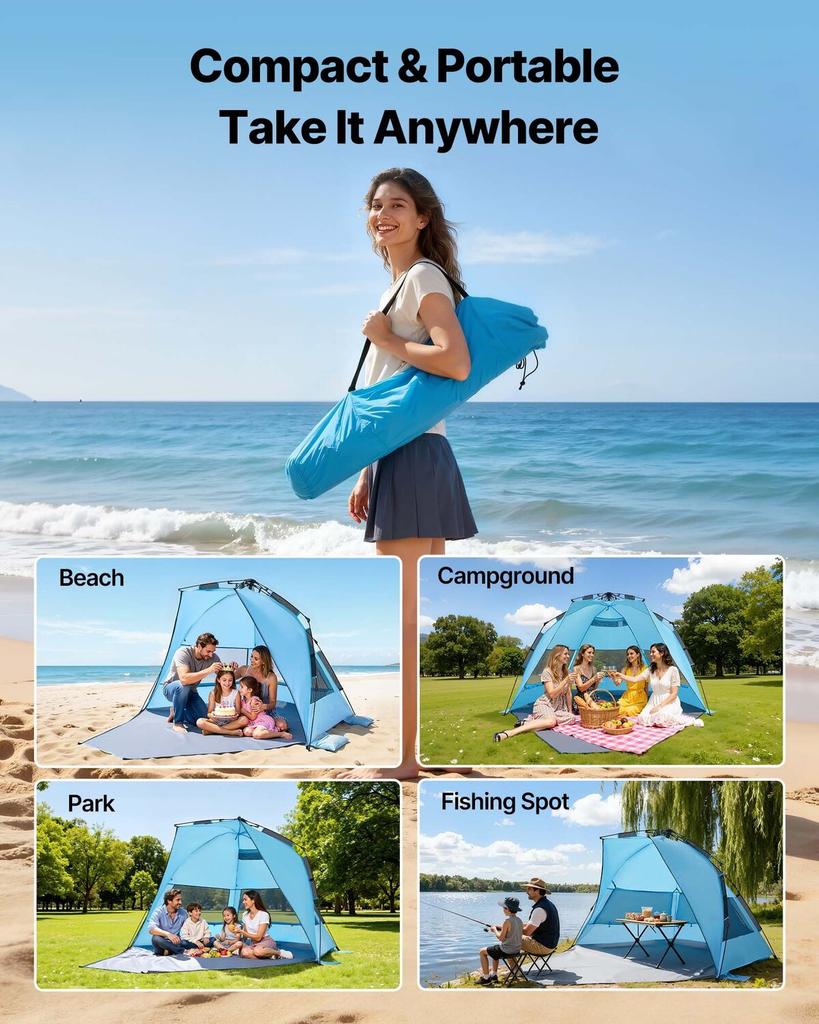 Beach Tent Sun Shelter for 4 Person, Pop Up Beach Tent UPF 50+ Protection, Portable Sun Shade Canopy with Carrying Bag and Sand Pockets, Easy Setup