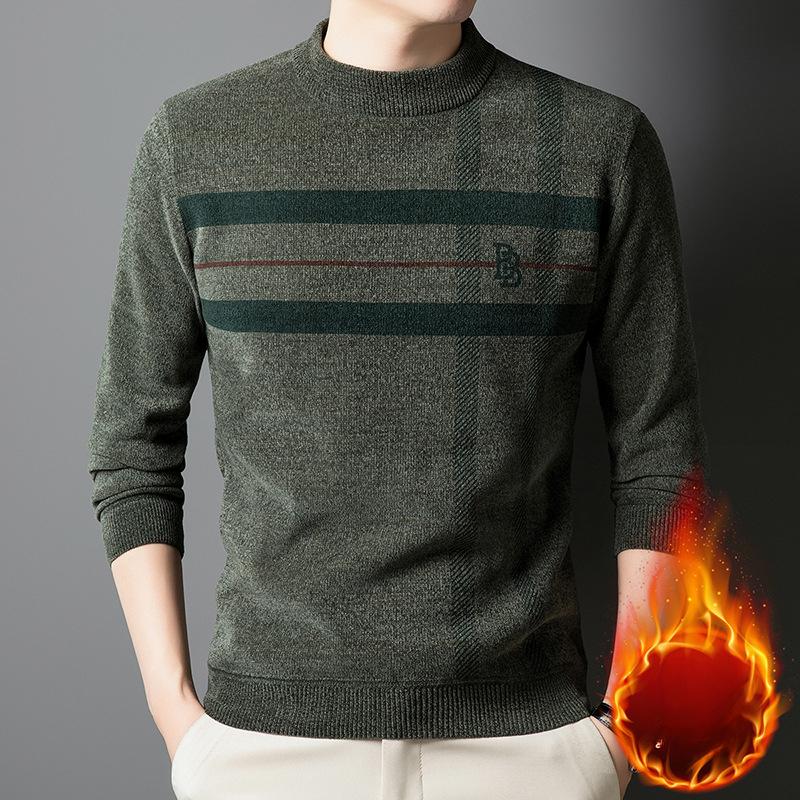

Мужской вязаный свитер, повседневный теплый эластичный свитер с круглым вырезом, утолщенная подкладка осень/зима, полосатый узор, стандартный крой, длинные рукава, 3XL зелёный