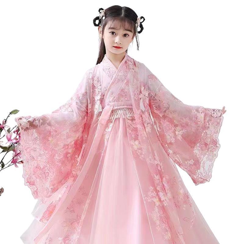 Hanfu Girls' Cherry Blossom Ruqun Dress - Long Sleeve Ancient Chinese Style for Spring & Autumn