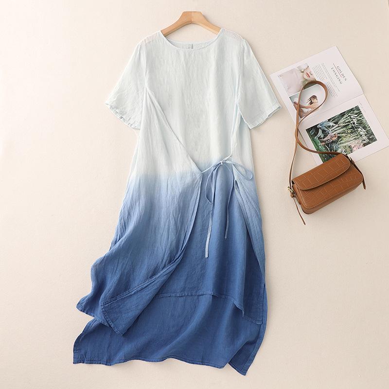 3244 Retro Artistic Hand-Dyed Linen Over-the-Knee Zen Style Dress for Women - Summer 2026 Large синий/белый