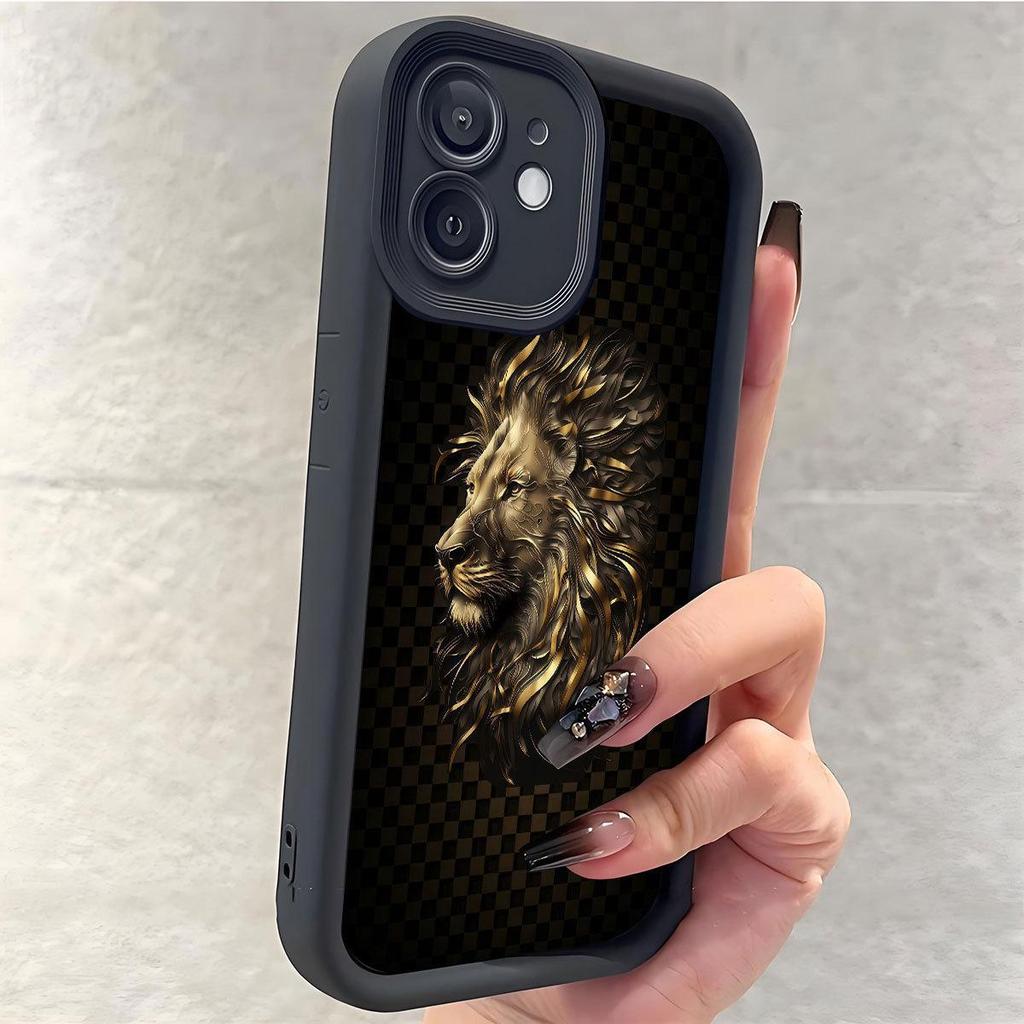 Goldener Löwenkopf Schwarze Rille iPhone 15/16/17 Pro Max Schutzhülle
