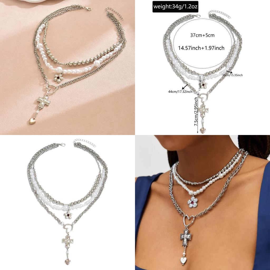 Gothic Cross Heart Pendant Necklace With Multilayer Pearl Design For Women And Men