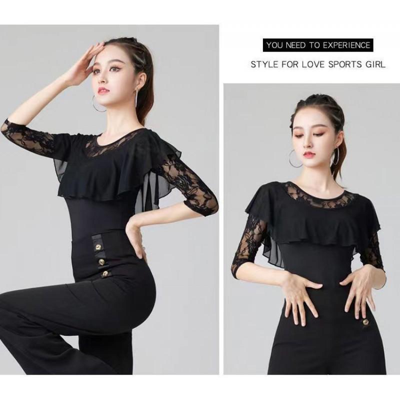 Womens Latin Dance Top With 3/4 Sleeves Round Neck Practice Wear Ballroom Dancing Fall Winter