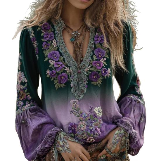 Women Shirt Oversize V-Neck Long Sleeve Casual Spring Autumn Shirt 3D Flower Printed Pattern Relaxed Fit Shirt Daily Wear