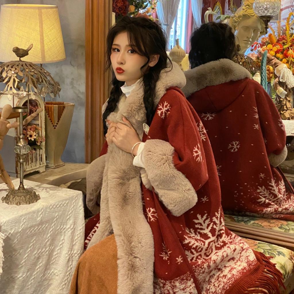 גלימת צעיף חם מעובה רטרו משובץ ברדס גדול מעיל צווארון פרווה בגדי נשים