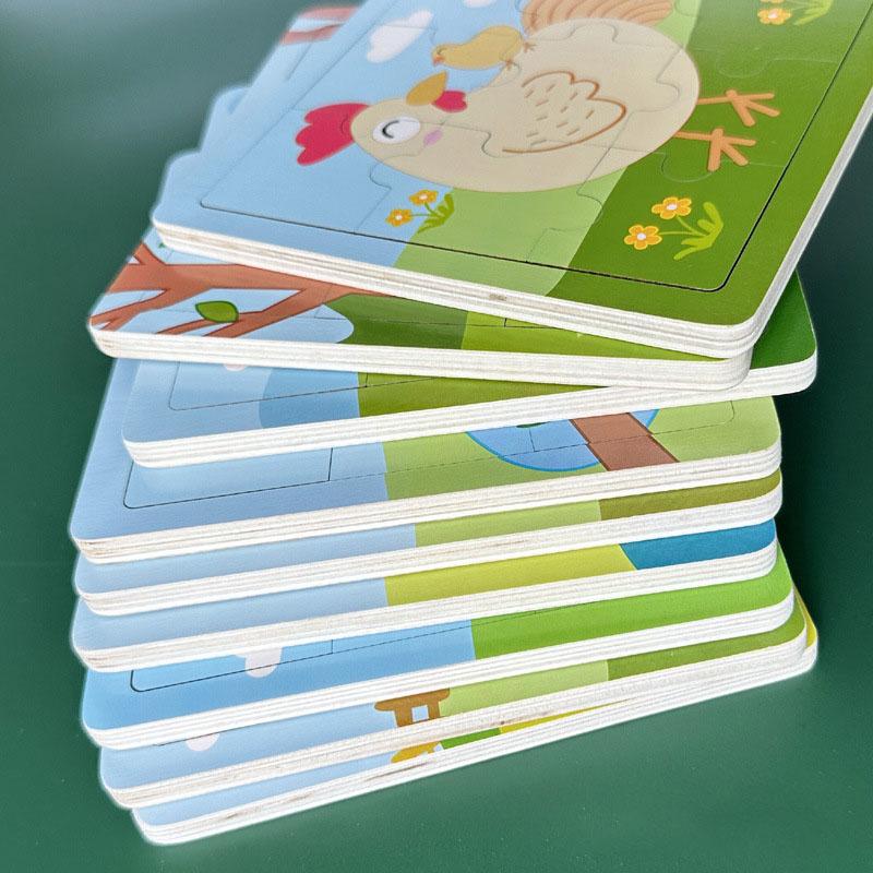 Neues 9-teiliges Holzpuzzle-Spielzeug Pädagogisches kognitives Lernen für Kleinkinder Zeichentricktiere Fahrzeuge Kleinkind-Brett Kindergeschenk