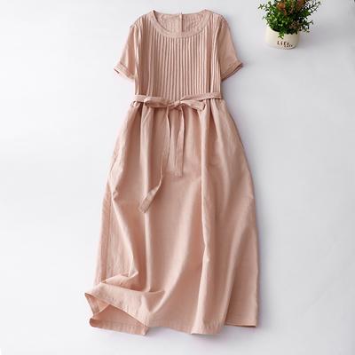 2025 Summer Organ Pleated Cotton and Linen Dress Women's Loose Retro Lace-up Waist Round Neck Short Sleeve Solid Color Medium and Long Dress
