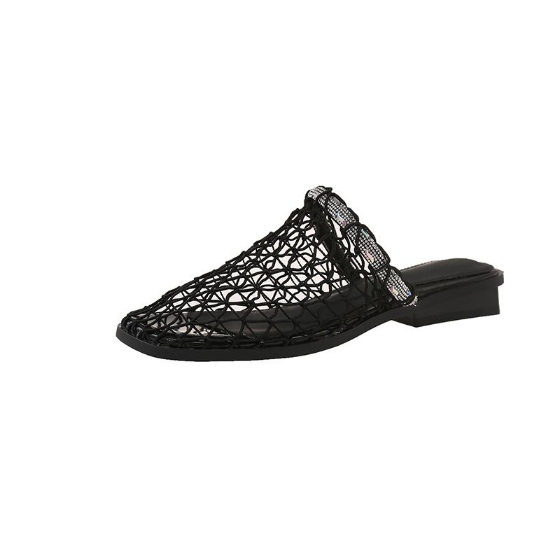 Baotou half slippers women's outer wear 2025 summer new niche mesh hollow slippers breathable low-heeled fishing net shoes