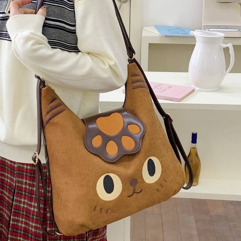 Cartoon Cat Tote Bag With Embroidered Animal Details And Zipper Closure For Office And Casual Wear