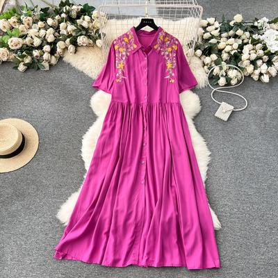 Women Vintage Embroidery Pleated Single Breasted A-line Dresses Lapel Half Sleeve Loose Plus Size Dresses Spring Summer 2024 SM10045