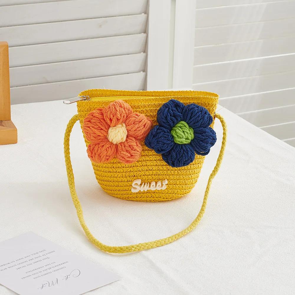 Summer Flower Baby Girls Straw Woven Shoulder Bags Outdoor Travel Kids Beach Crossbody Bucket Bag Casual Children Purse Handbags