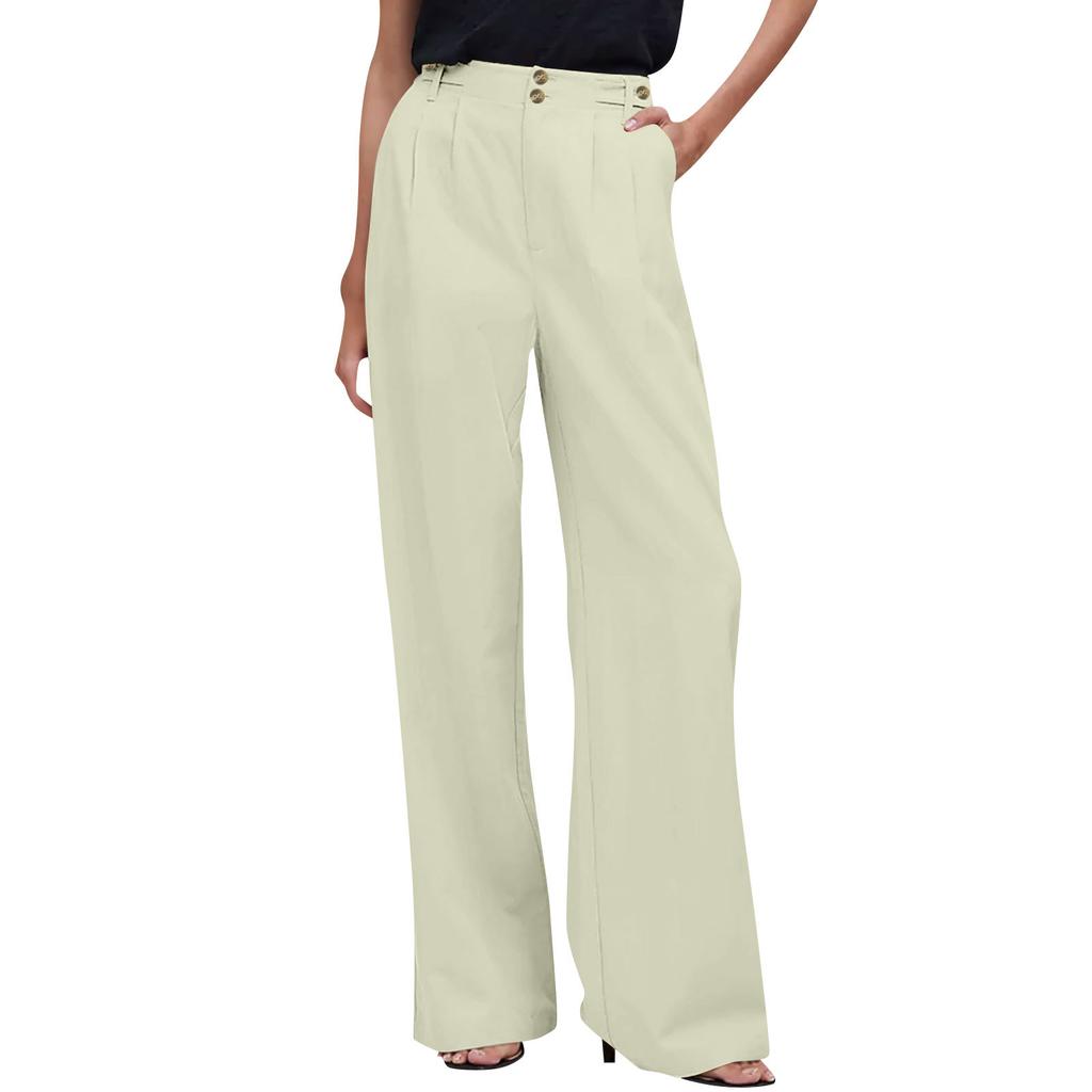 Women's Casual Color Wide Leg High Waist Casual Pleated Pants With Pockets