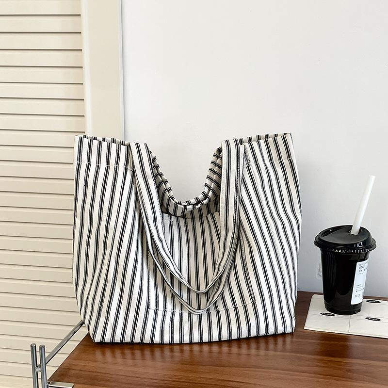 Striped Canvas Bag Women's Large-capacity Summer New Casual Shoulder Bag College Student Class Tote Bag