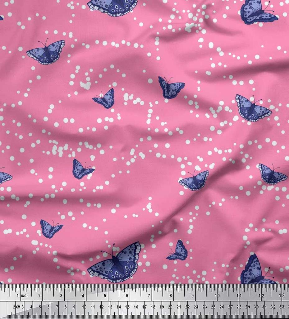 Soimoi Red Japan Crepe Satin Fabric Dot & Butterfly Print Fabric by the metre 42 Inch