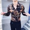 Personalized Printed Long-sleeved Shirt for Men Korean Style Slim British Trendy Hairstylist Floral Shirt