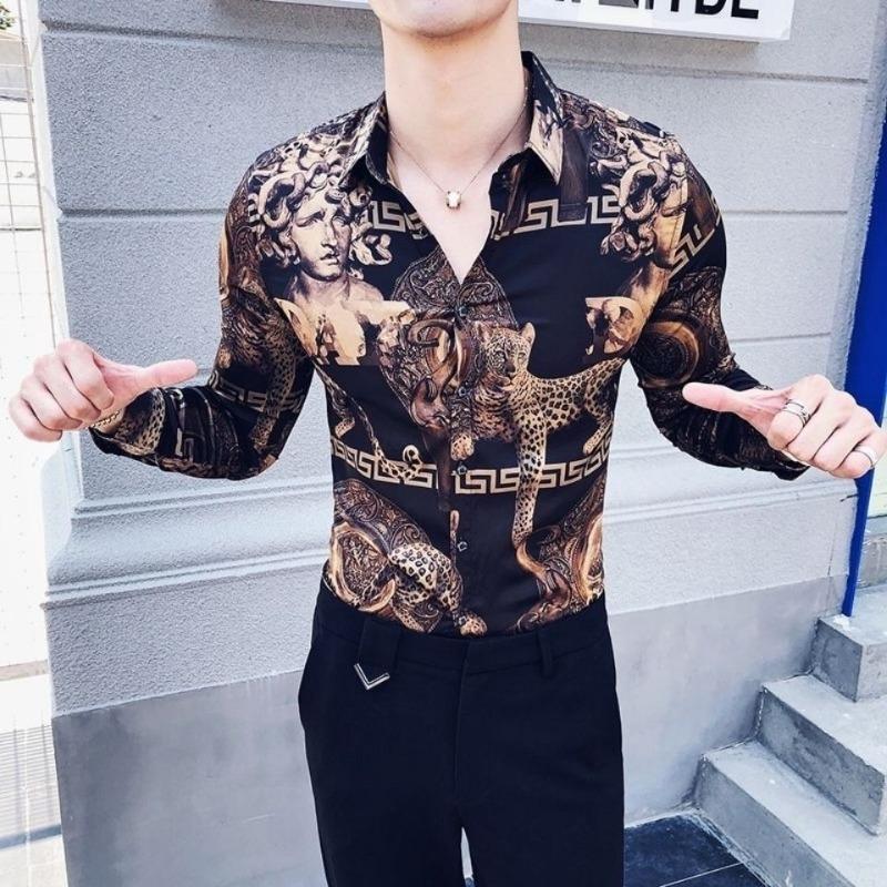 Personalized Printed Long-sleeved Shirt for Men Korean Style Slim British Trendy Hairstylist Floral Shirt