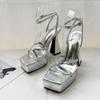 2025 Summer Square Head Open-toed Hate Sky High Platform Sandals Women's Cross-strap Waterproof Table Thick Heel High Heels
