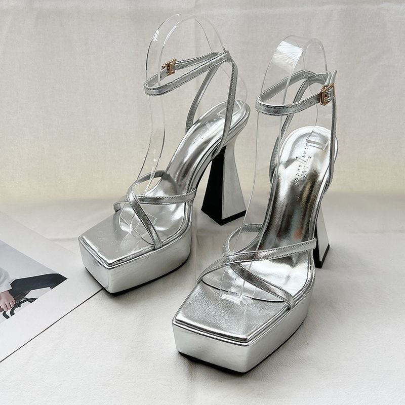 2025 Summer Square Head Open-toed Hate Sky High Platform Sandals Women's Cross-strap Waterproof Table Thick Heel High Heels