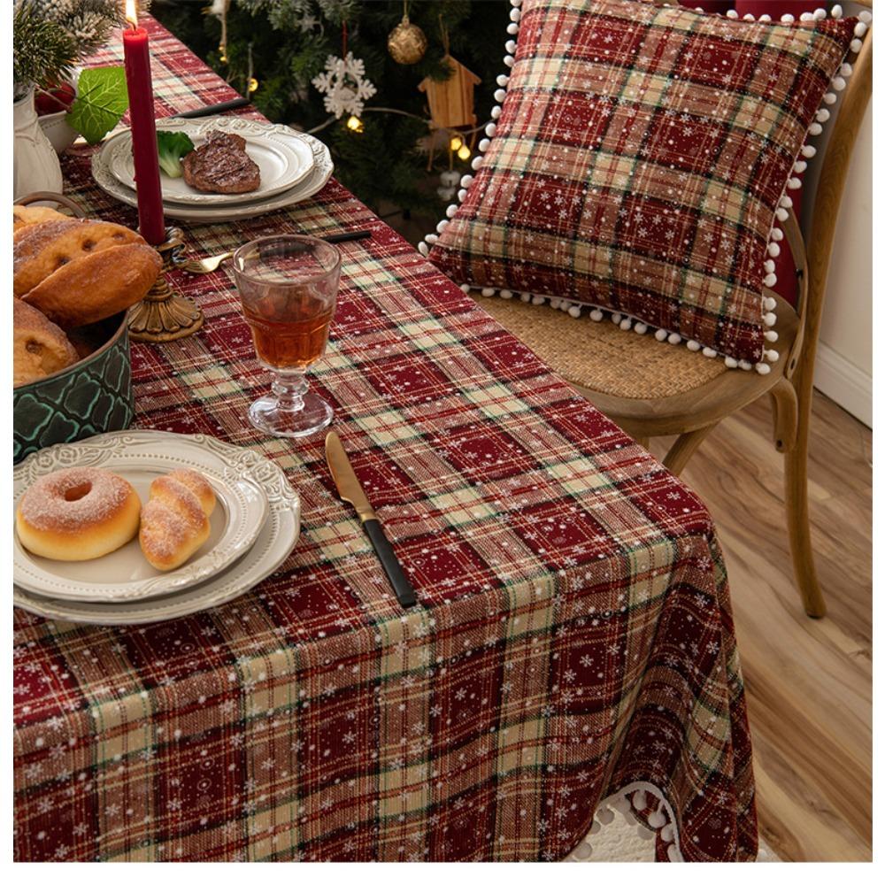 Christmas Tablecloth Decorations with Pom Poms Cotton Linen Snowflake Table Mat for Western Dining Table