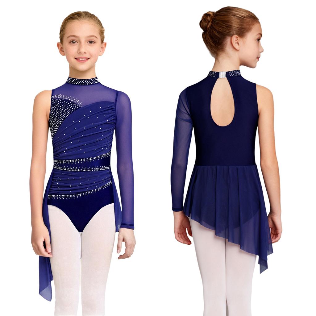 Vestido de Dança Lírica para Meninas Fantasia de Patinação Artística Strass Brilhantes Saia com Sobreposição de Malha Franzida Collant com Saia para Apresentação