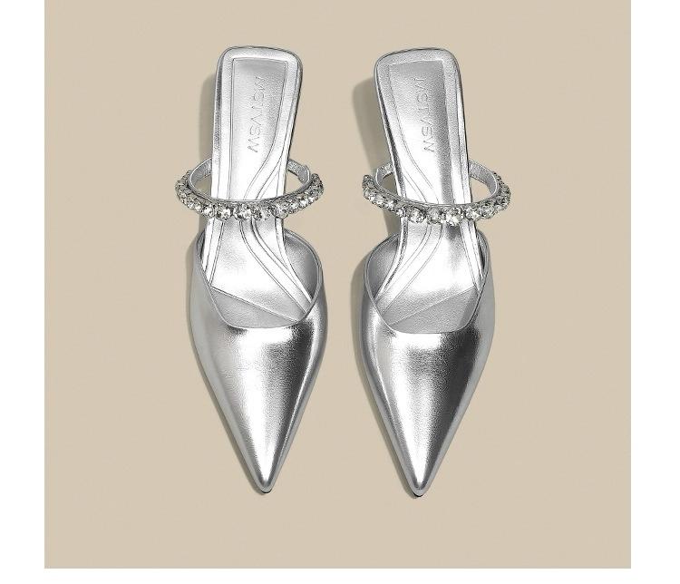 

Туфли на низком каблуке со стразами для девочек 2025 года, новые, телесного цвета, французские феи, ветровая сумка, полутапочки, одна педаль, женская обувь 42 серебряный