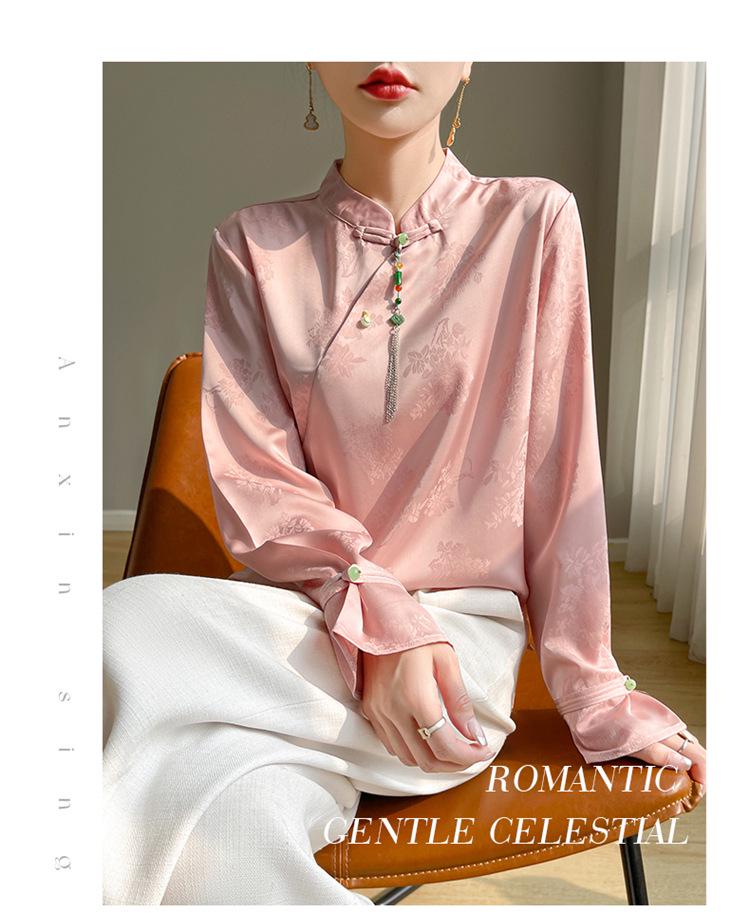 Silk Satin 2026 Spring/Summer Women's Floral Stand Collar Long Sleeve Top