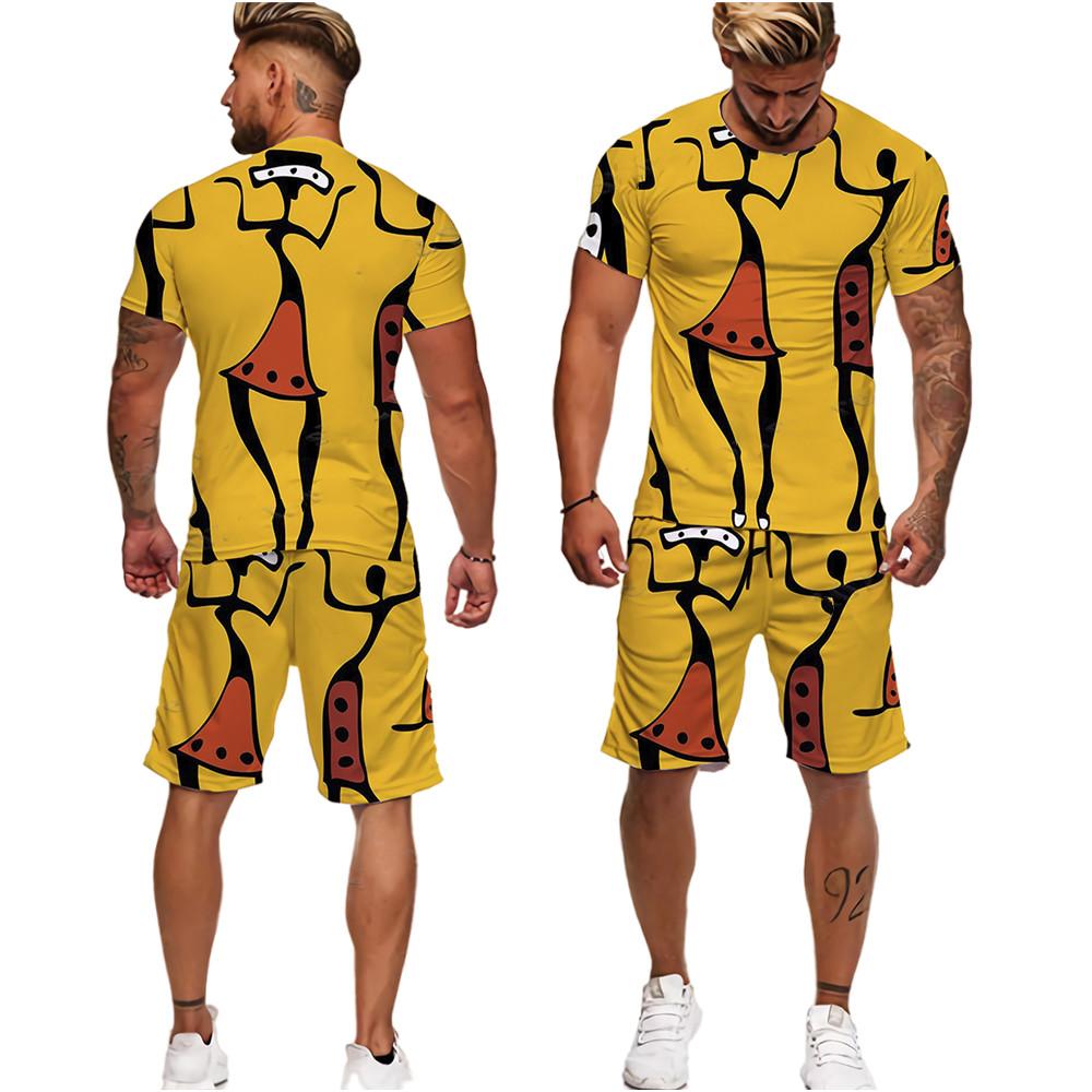 YUHA,Short Sleeve Plus Size Men Retro Ethnic Print Tracksuit Couple Dashiki Clothes Summer African Men's T Shirt Shorts Two Piec