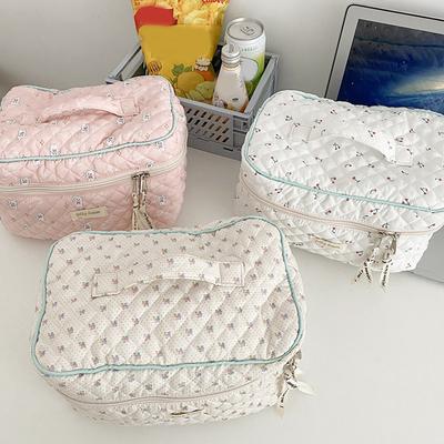 Korean Cute Travel Organizer Portable Zipper Makeup Pouch Quilted Clutch Handbag Large-capacity Floral Print for Ladies Girl