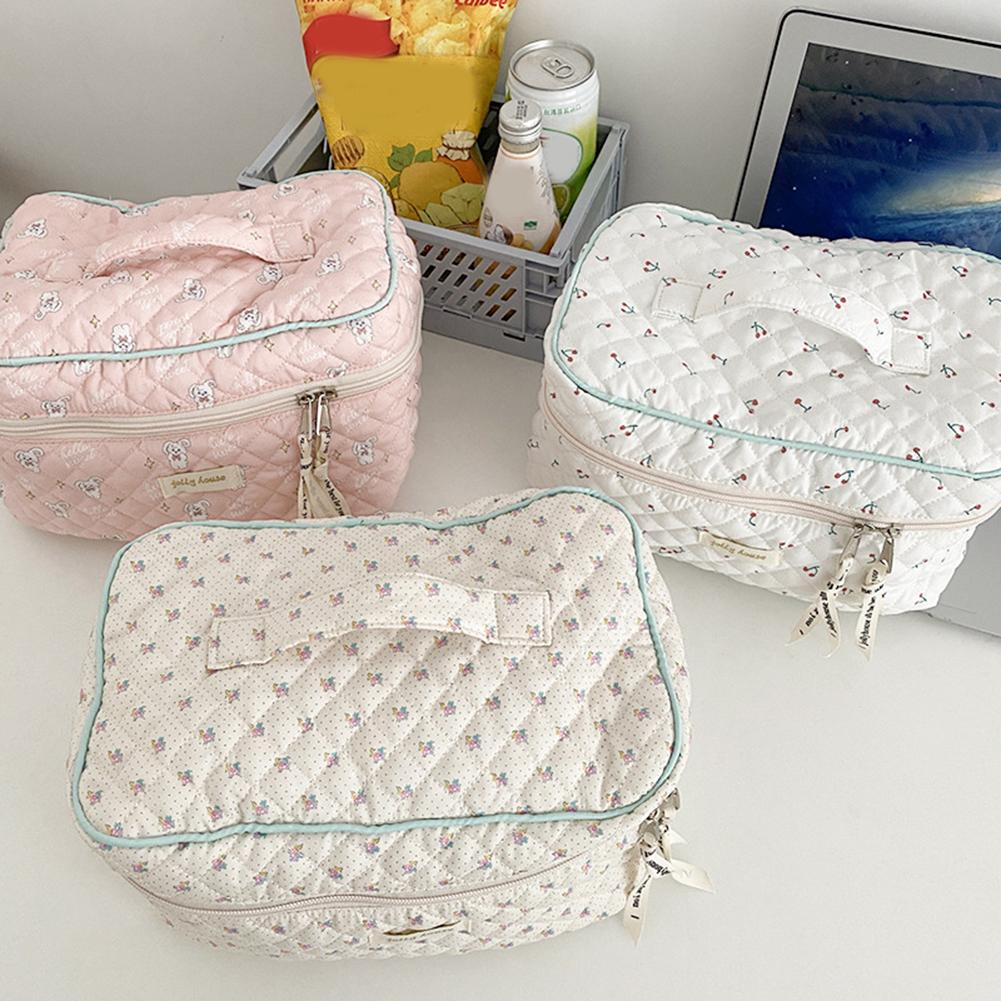 Korean Storage Organizer Printed Quilted Makeup Bag Flower Printed Cosmetic Pouch Large Travel Cosmetic Bag Makeup Accessory
